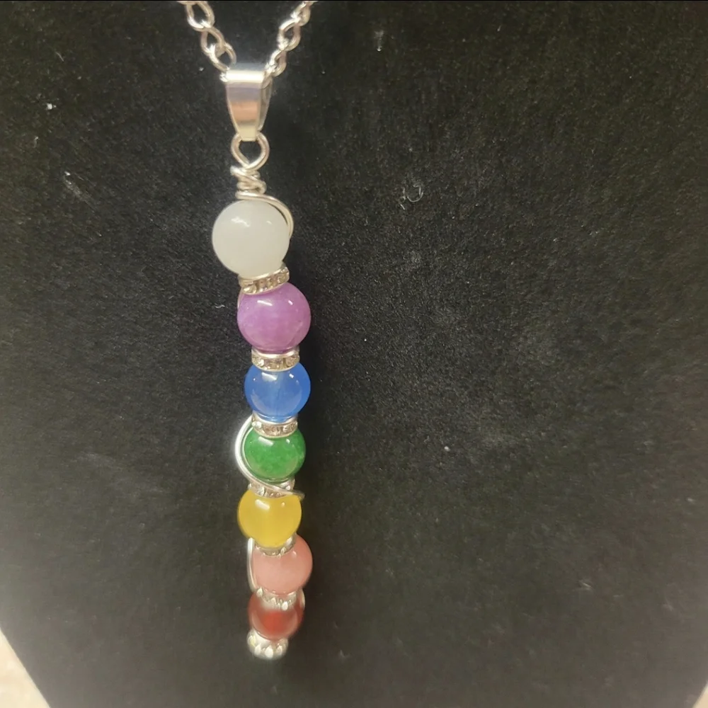 Silver and Chakra Beads Dangle Necklace - Picture 5 of 7